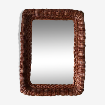 Large rattan mirror and dark wood 60s 36x50cm