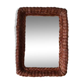Large rattan mirror and dark wood 60s 36x50cm