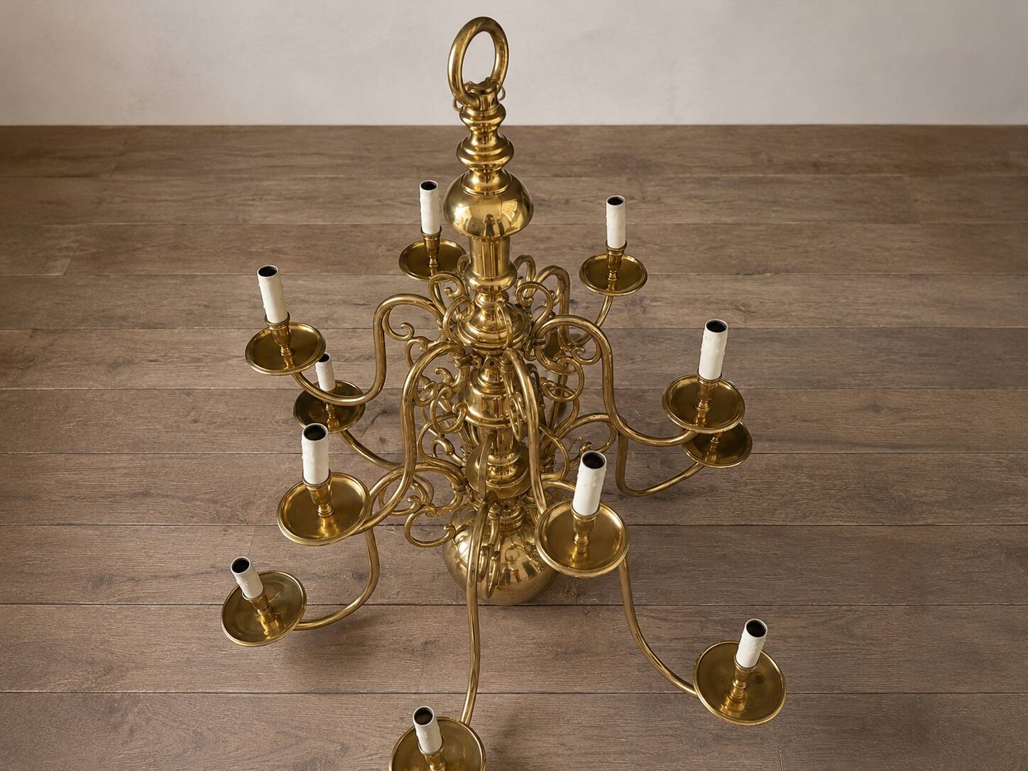 Large Dutch brass chandelier, 12 lights