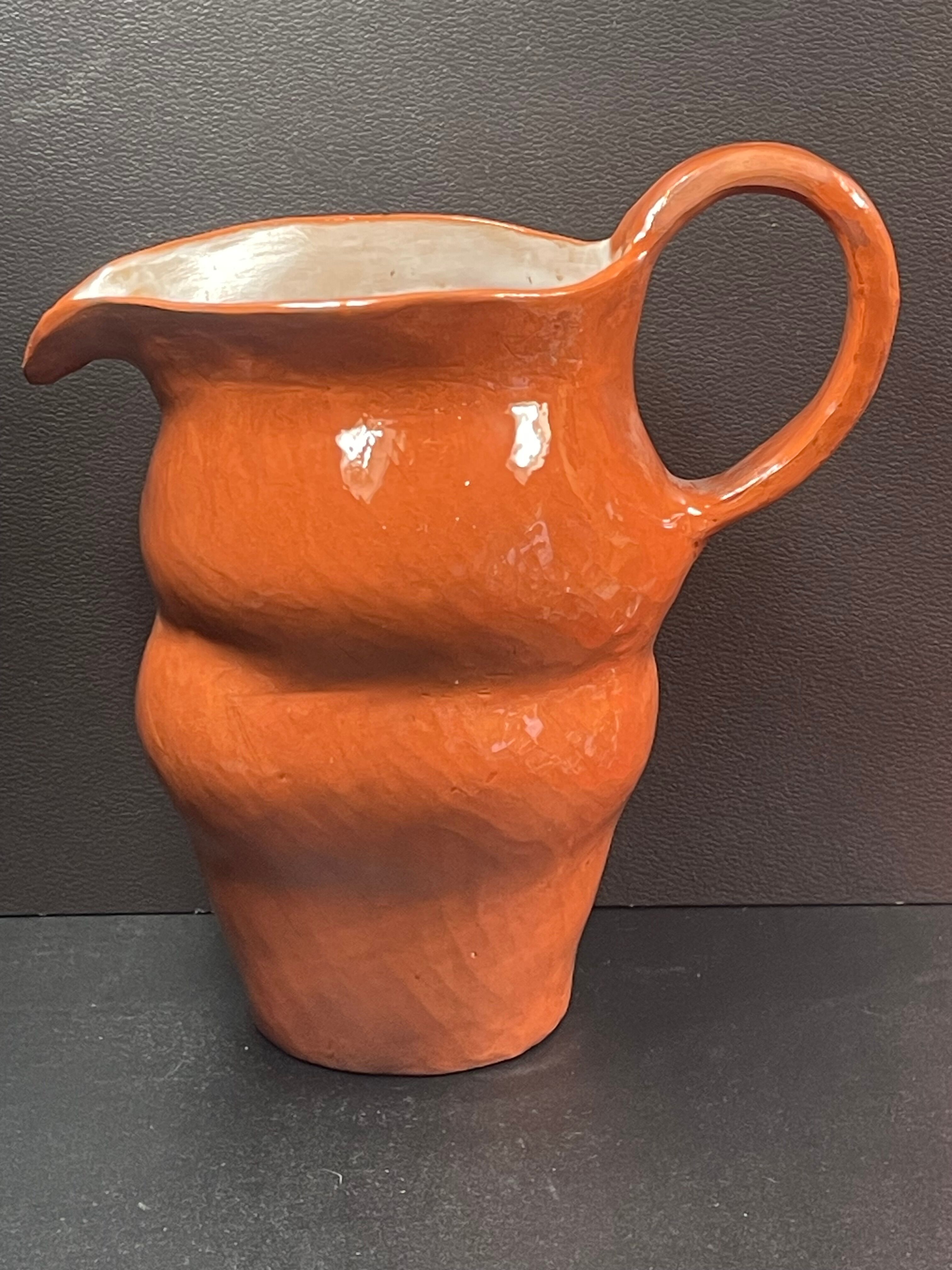 Unusual Pitcher Ceramic in stoneware or glazed earth Signed EL