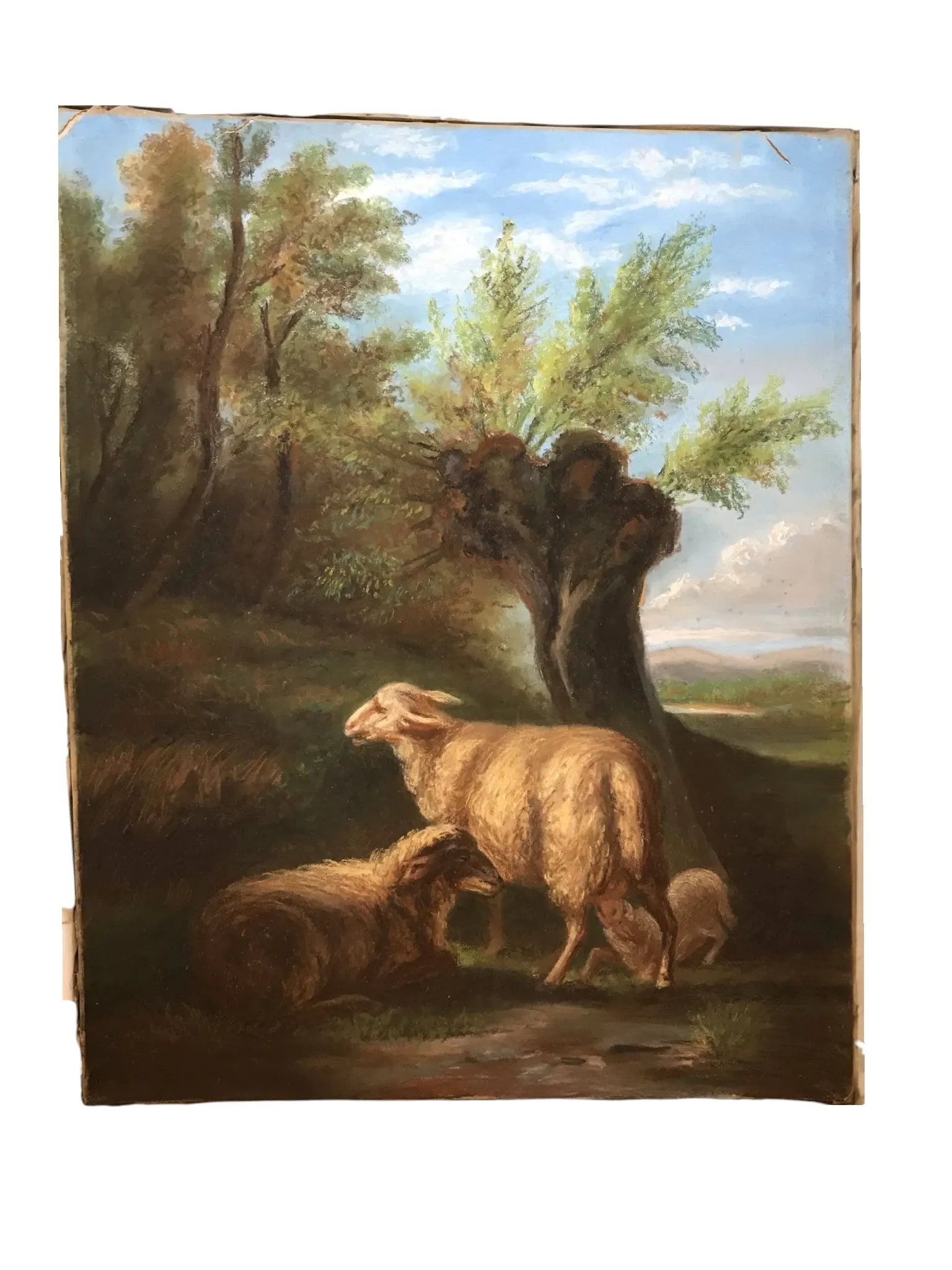 French school, pastel animated landscape with sheep from the early 20th century.