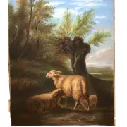 French school, pastel animated landscape with sheep from the early 20th century.