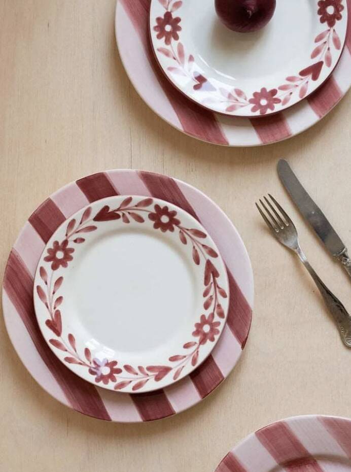 Hand-painted ceramic dessert plate with red flowers