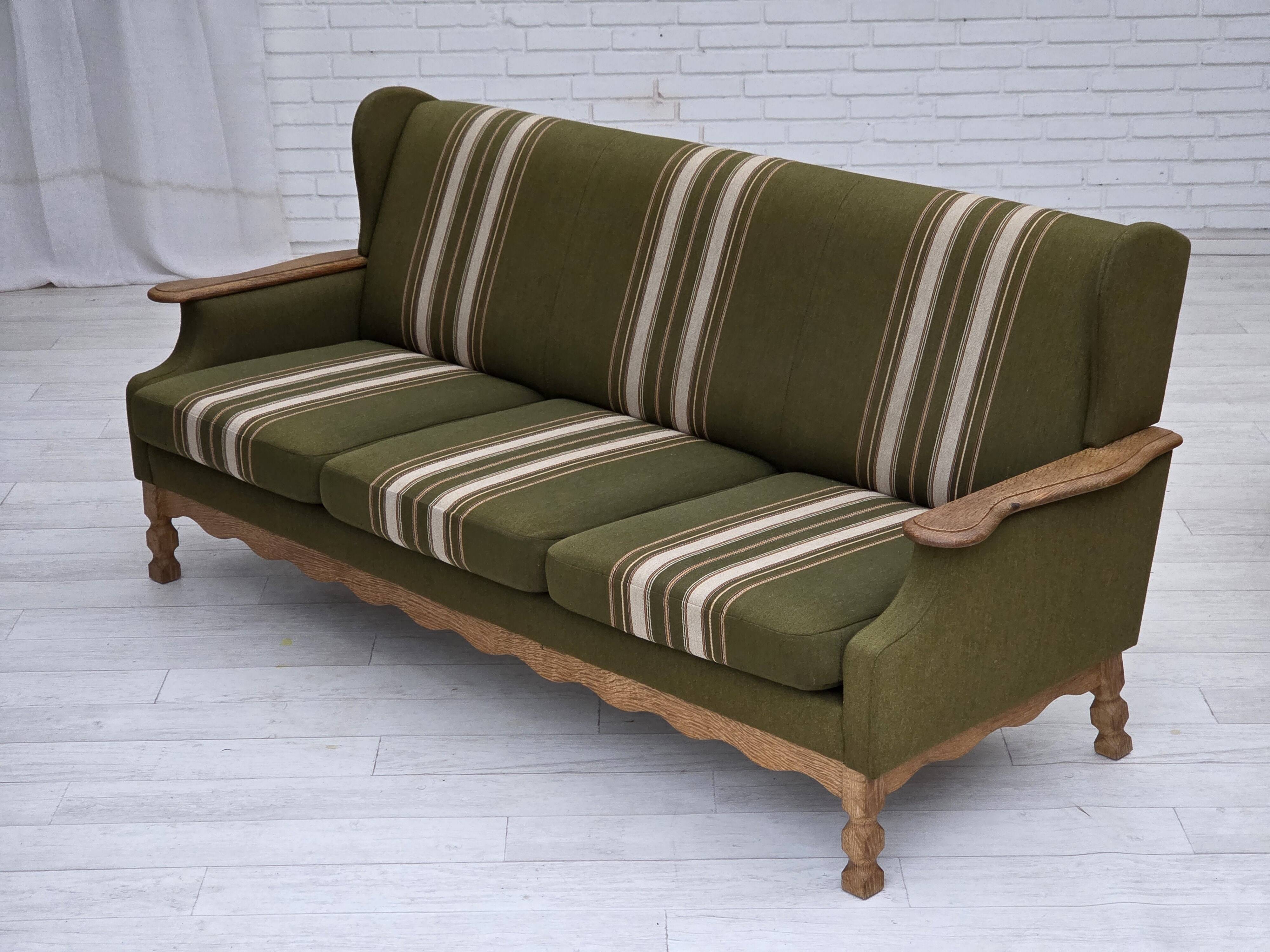 1970s, Danish 3-seater sofa, furniture wool, solid oak wood.