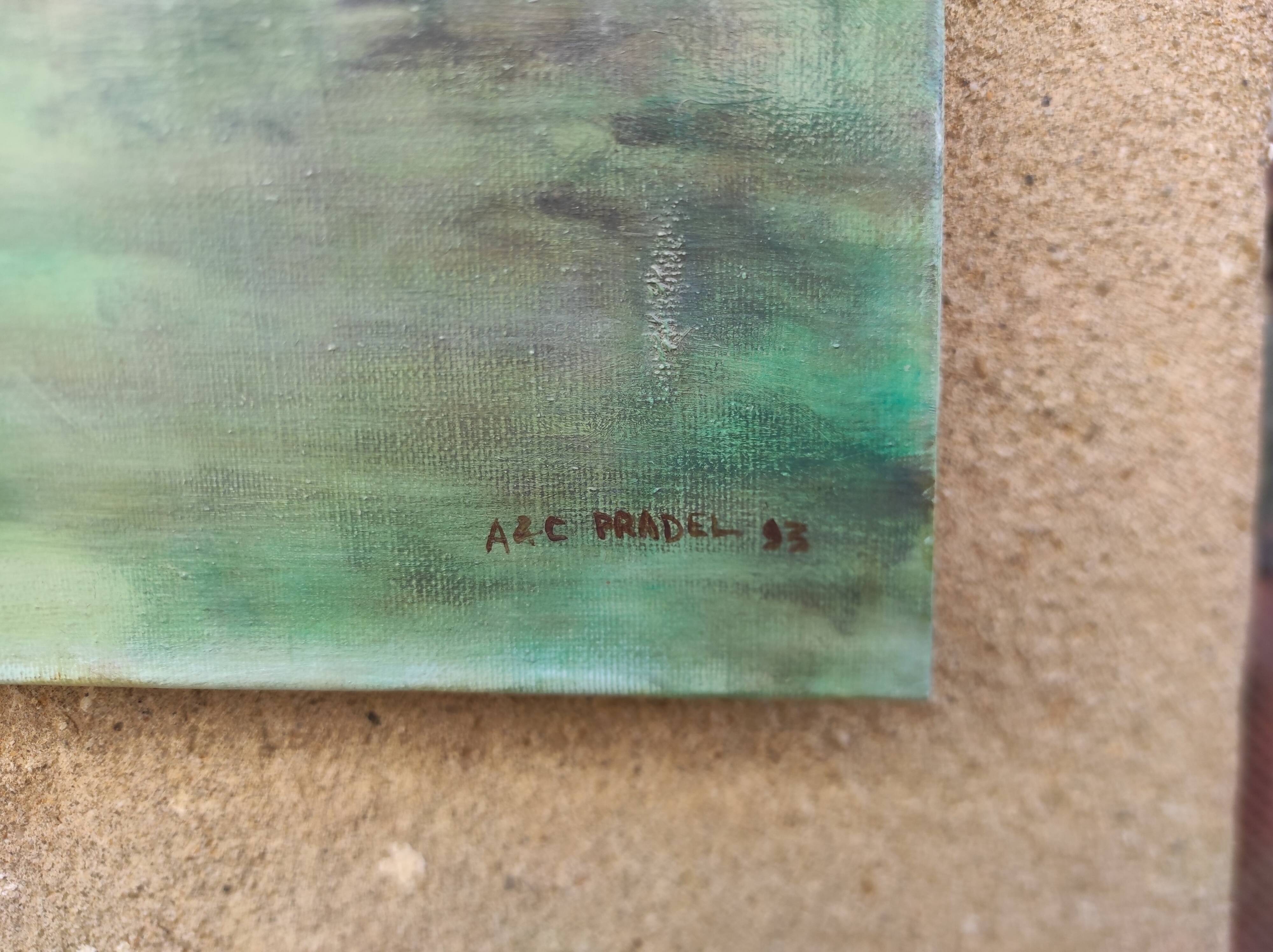 French vintage oil painting landscape, signed A&C Pradel, 1993