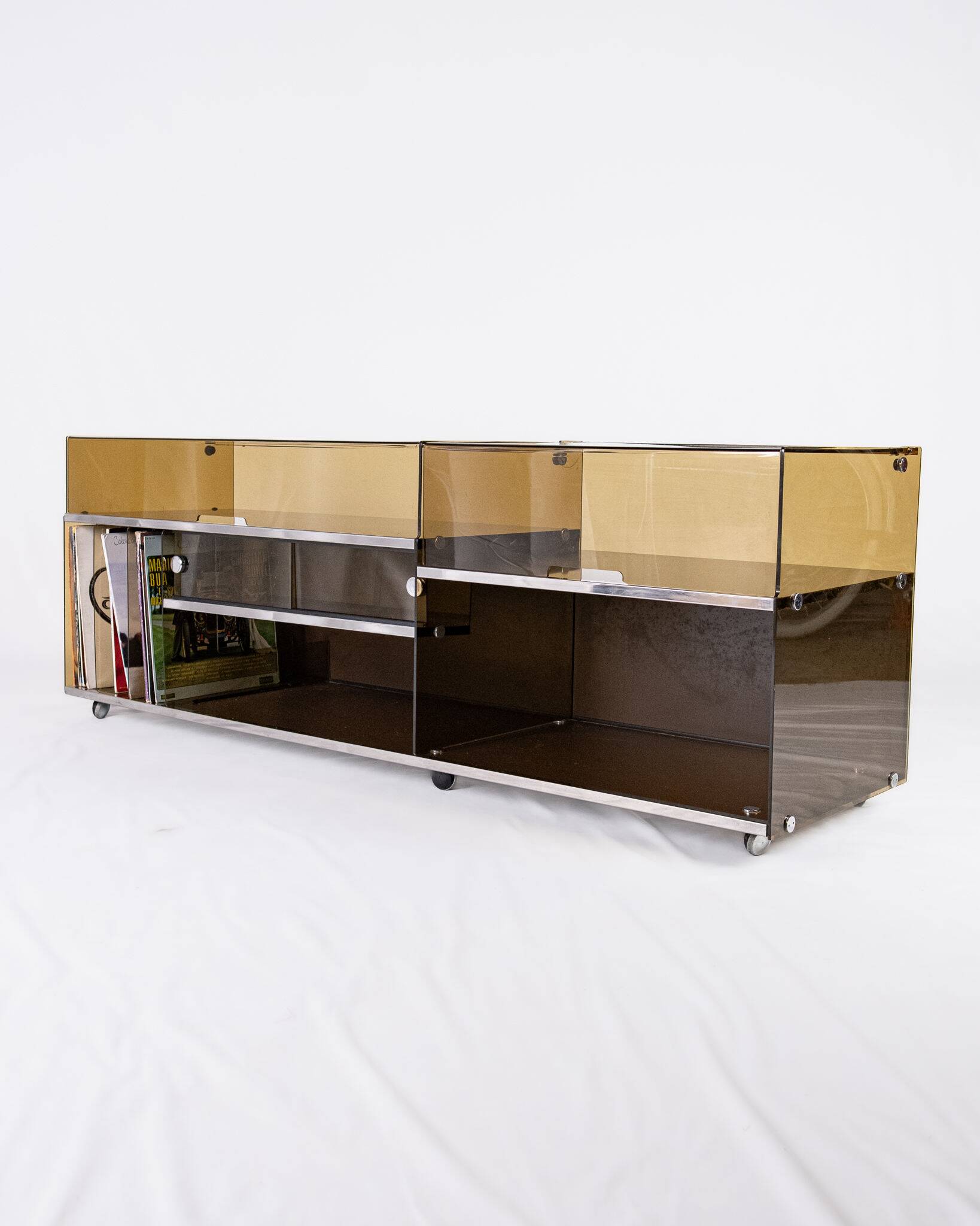 Enfilade or hi-fi unit in smoked plexiglass, France, 1970s