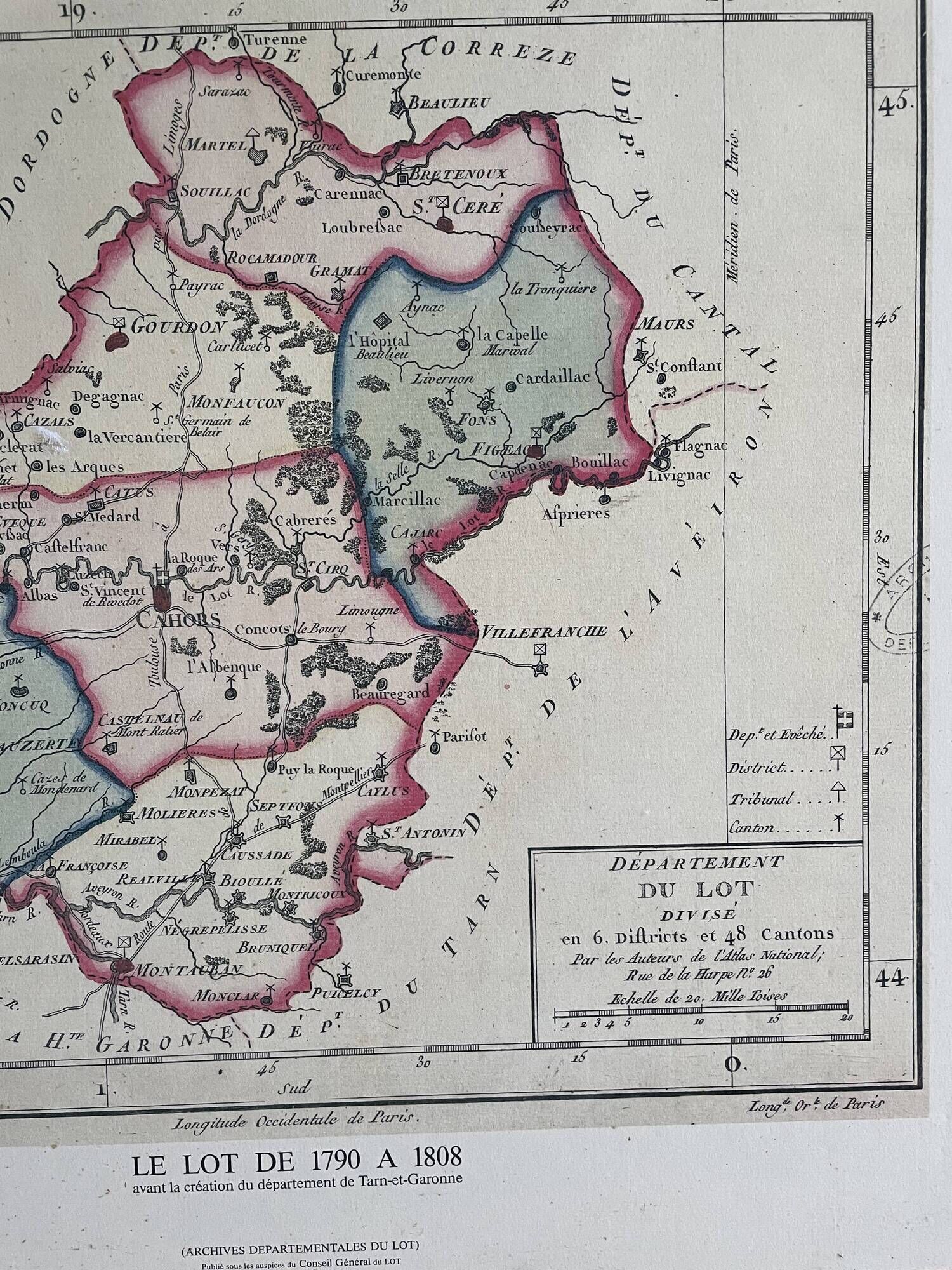 Old map of the Lot in its 66 x 66 Cm frame hand-delivered