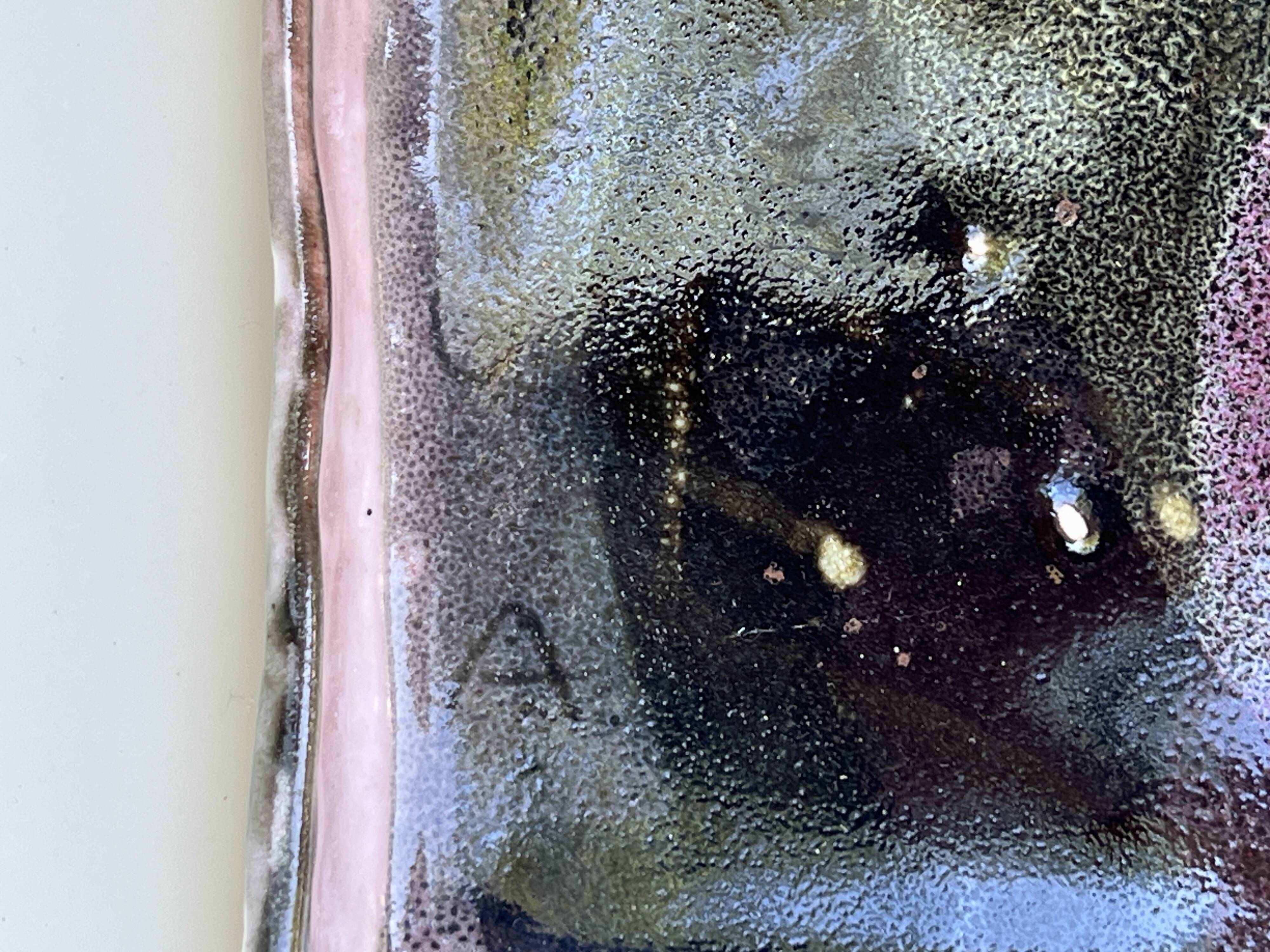 Plat / vide poche gres blanc chamoté & émaillé, pièce d'atelier signée 1970