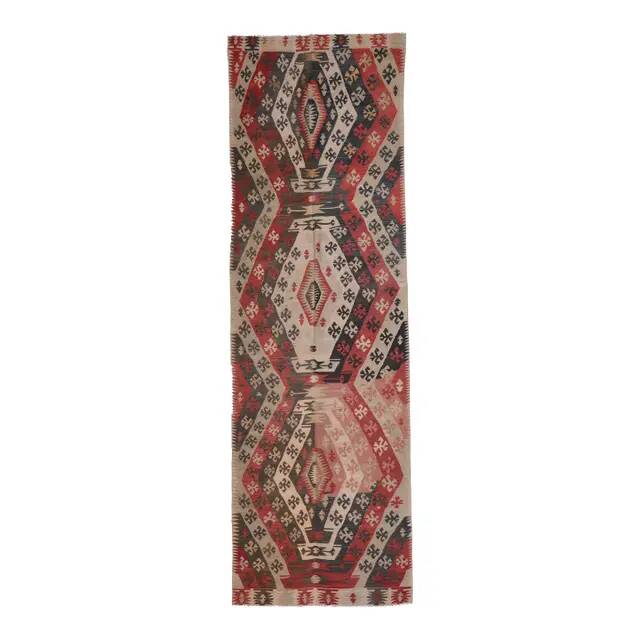 1970s Turkish Oushak Handmade Wool Cotton Red Kilim Runner Rug 130x400