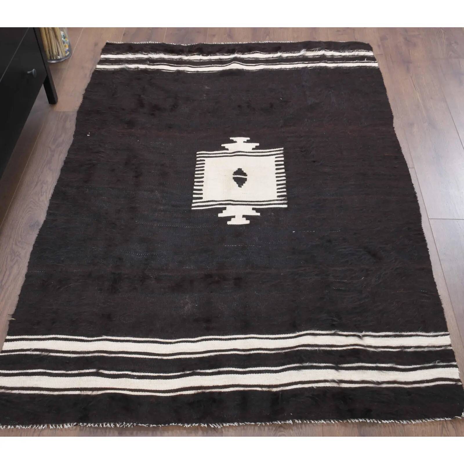 Vintage Turkish hand-knotted wool cotton brown kilim area rug 118x170