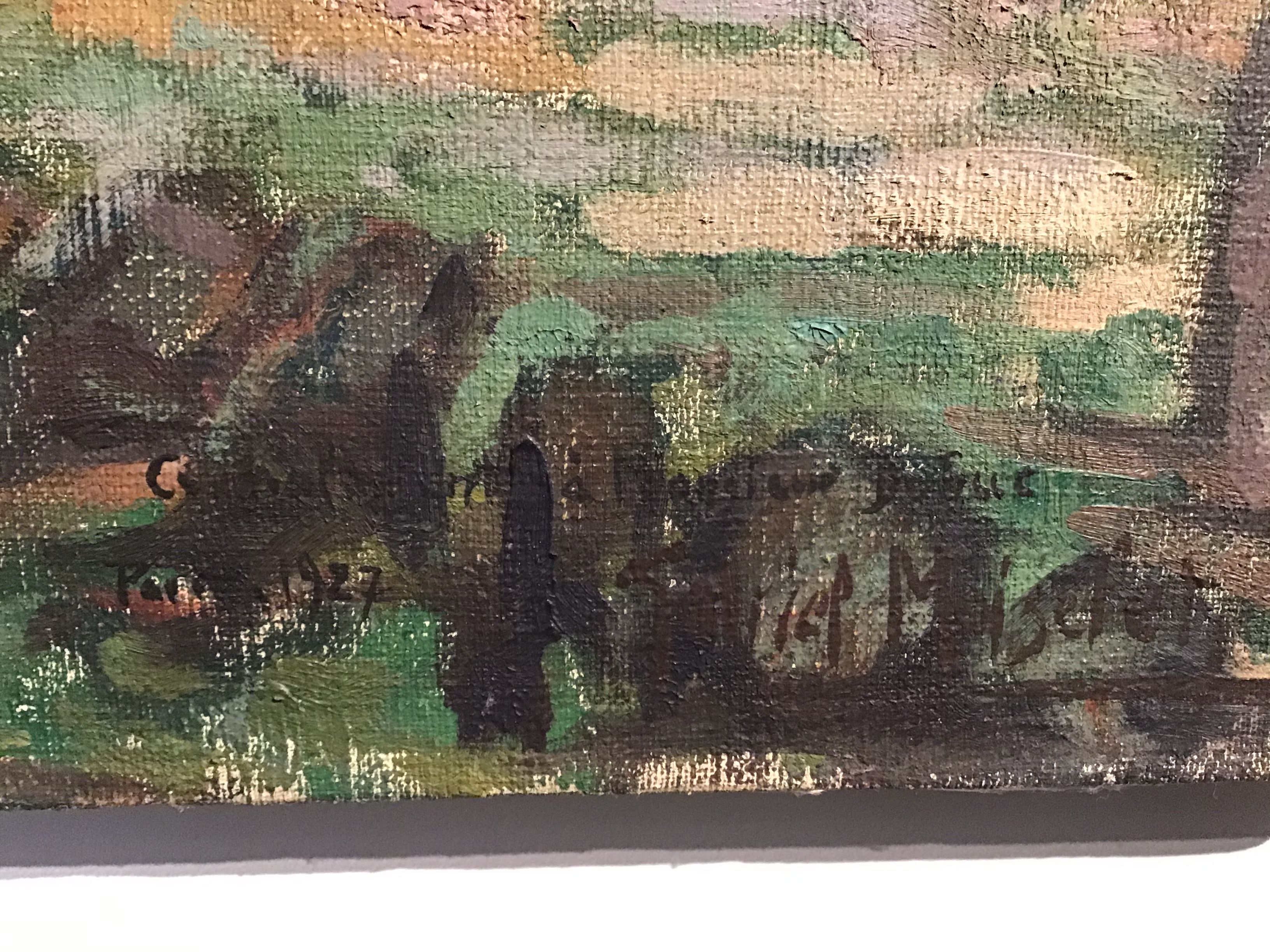 Ancient landscape painting of Auvergne , signed Gabriel Moiselet 20th century