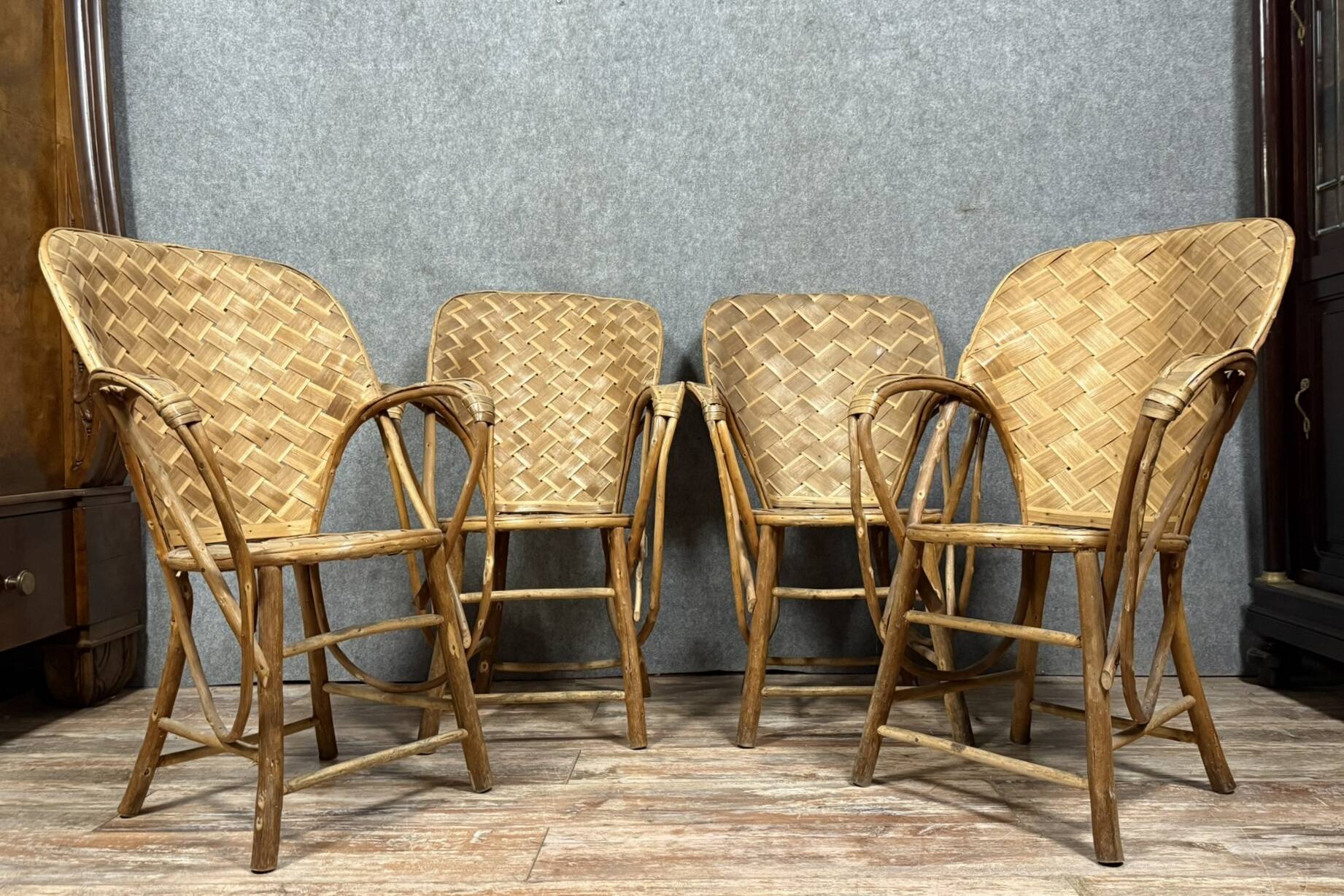 Set of 4 chestnut woven armchairs