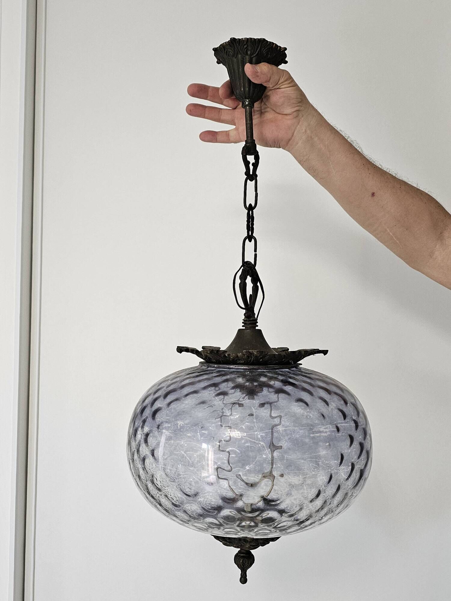 Antique French Victorian style bronze and purple glass pendant light