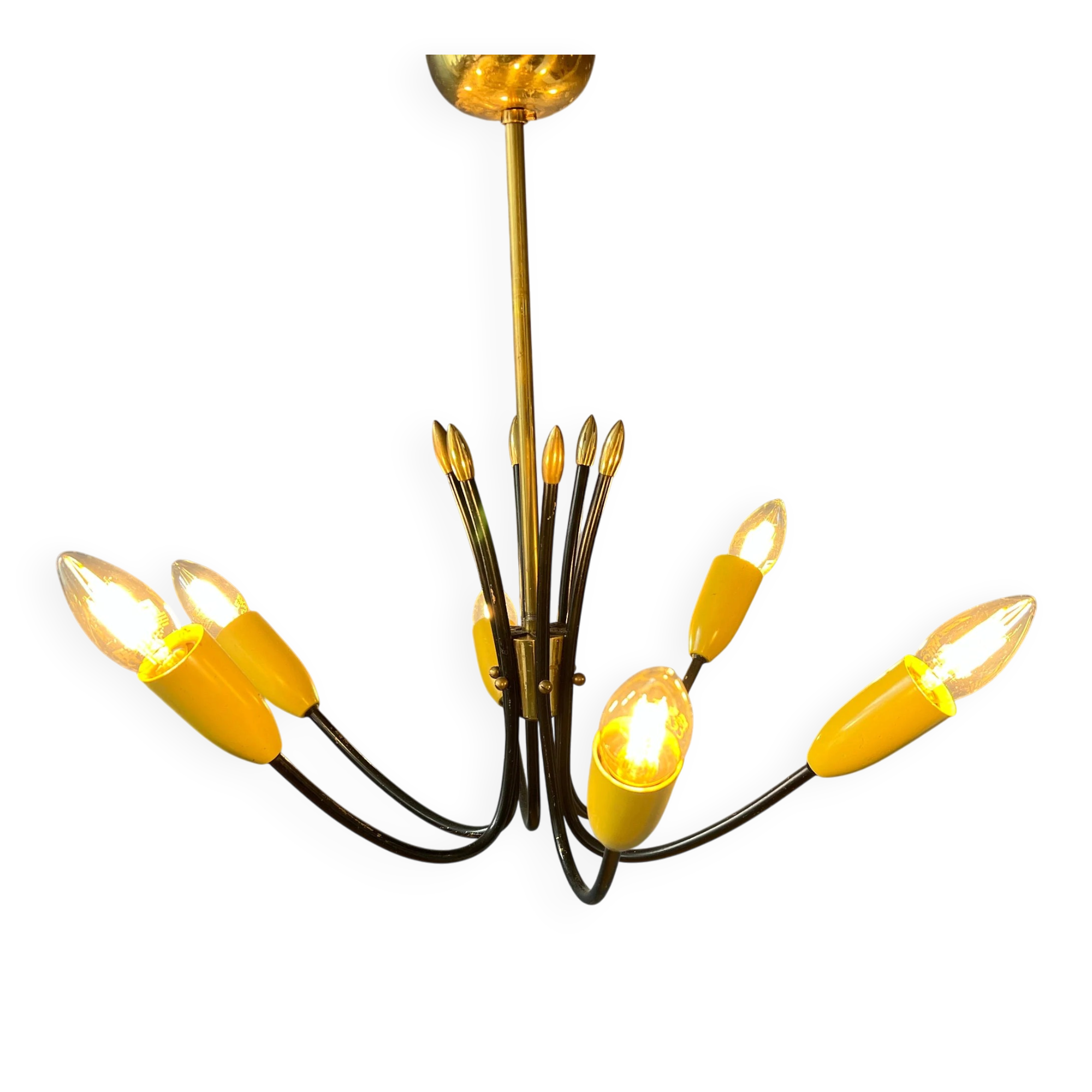 Vintage yellow spider suspension from the 1950s.