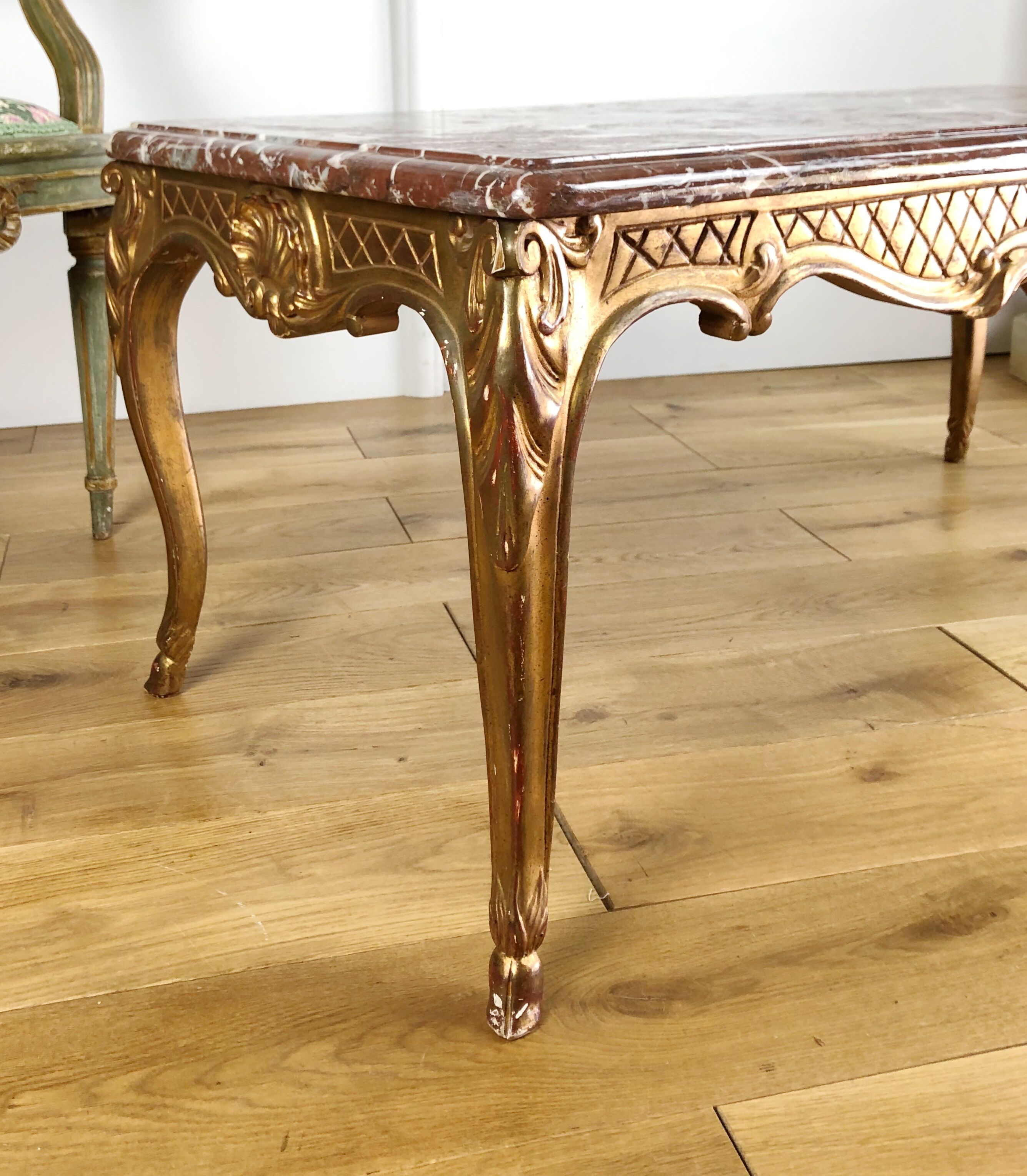 Low table of Style Louis XV gold wooden / marble top