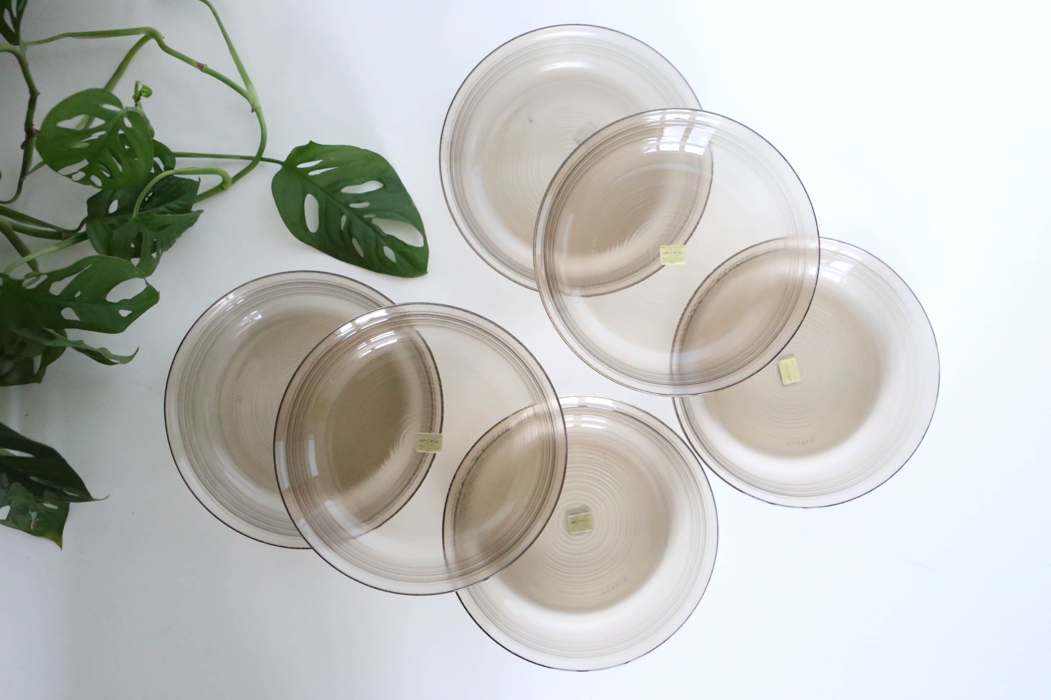 Set of 6 hollow plates Arcoroc, in gray smoked glass, vintage French