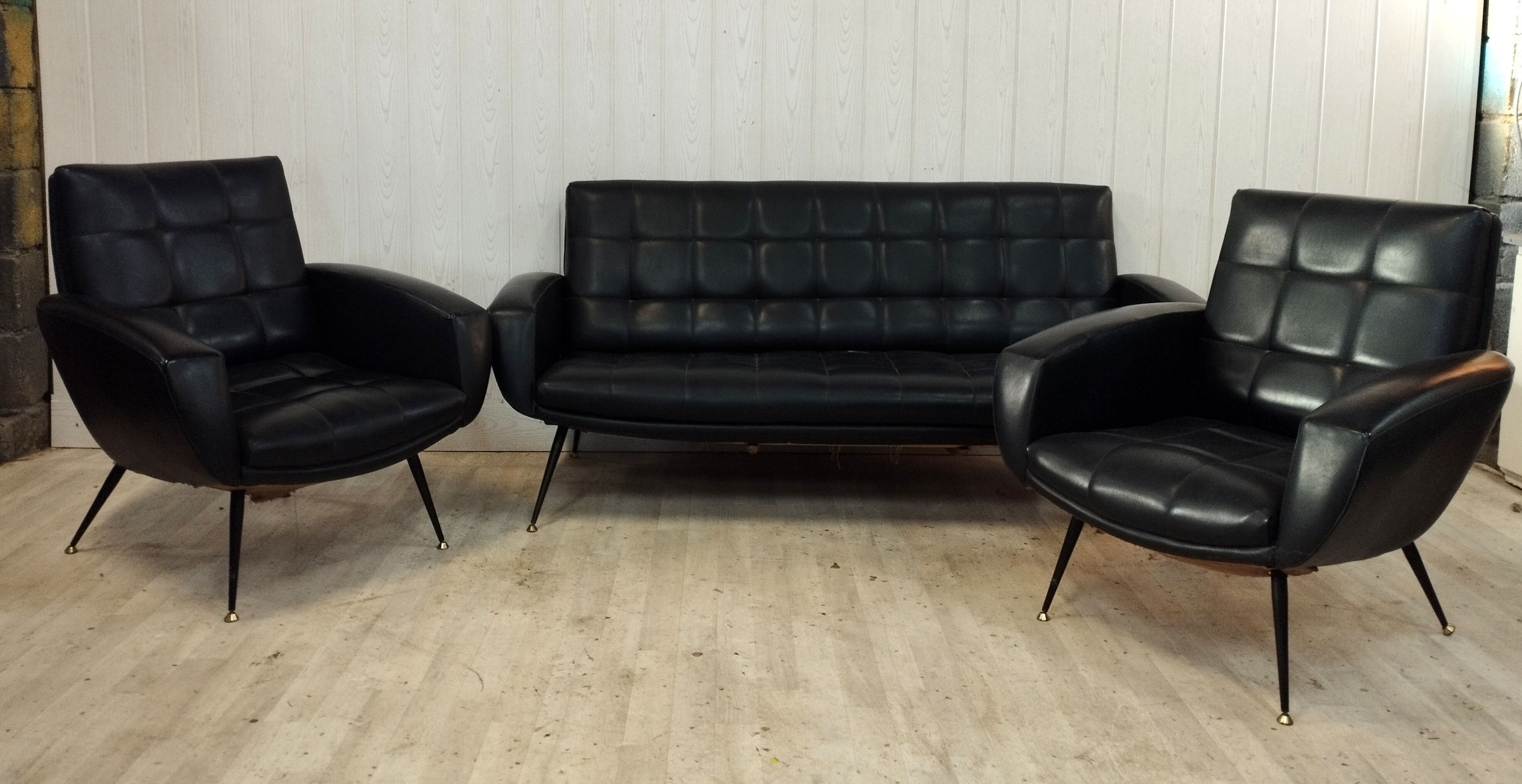 3-seater sofa and 2 vintage armchairs feet compass