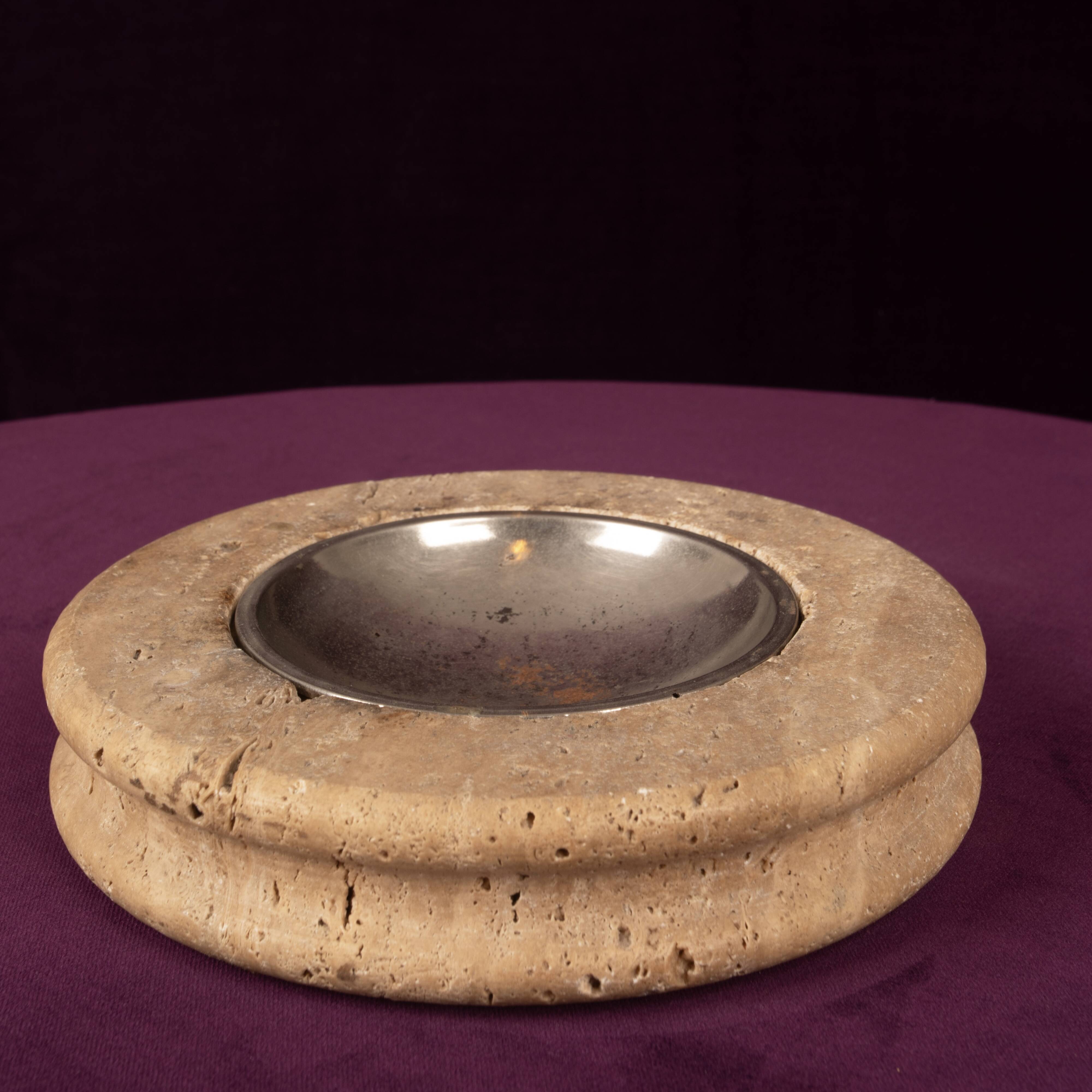 Round Italian Travertine Ashtray with Removable Metal Dish 1970