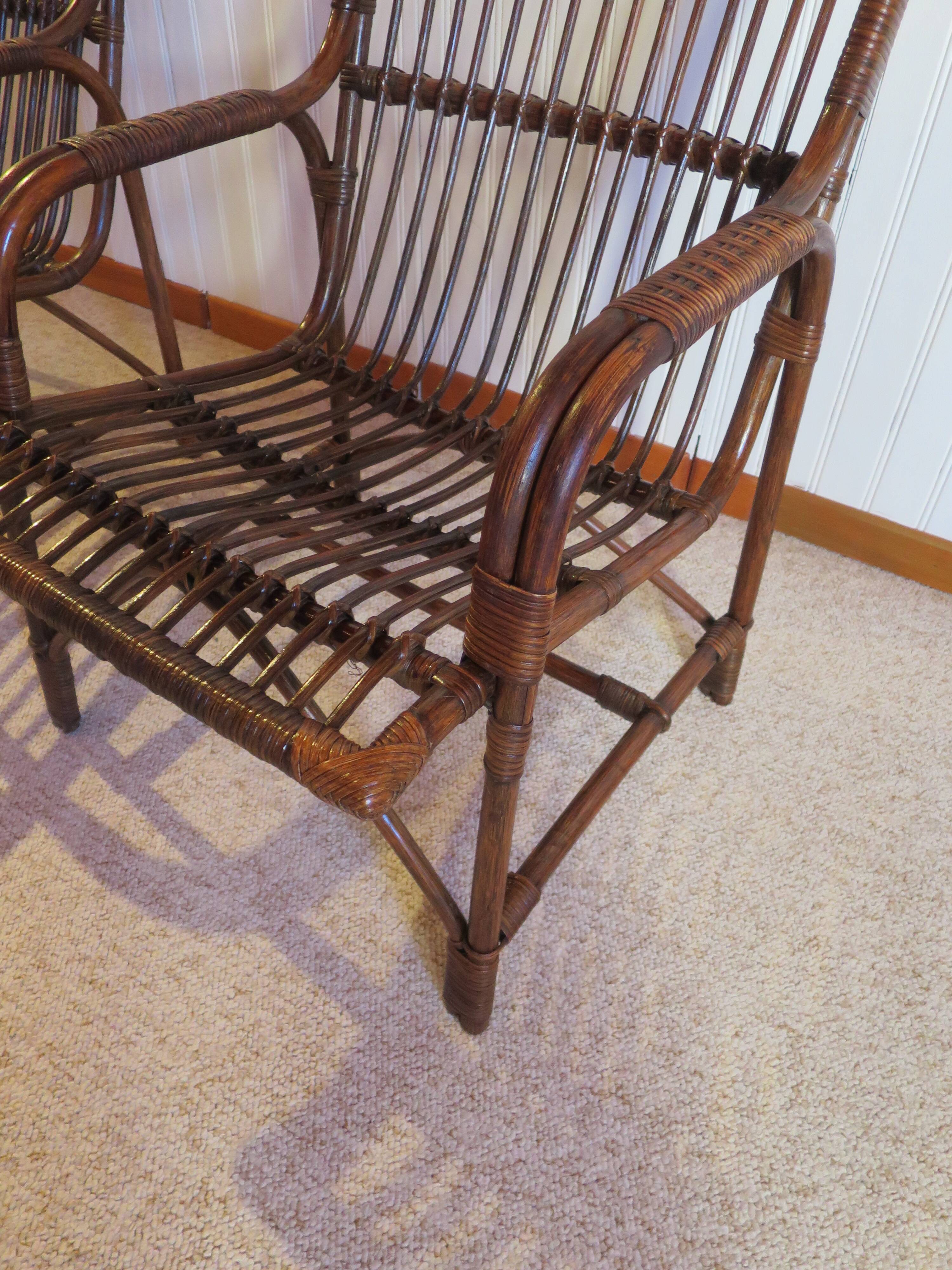 Lot de 2 Fauteuils de jardin en rotin et bambou -Vintage -Années 60 - avec coussins - vernis satin
