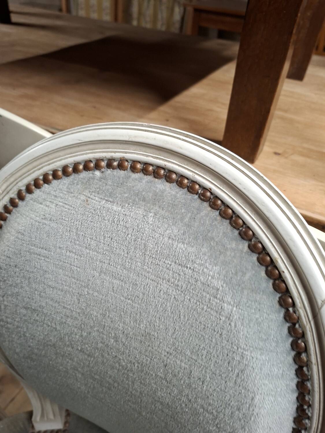 Set of 6 Louis XVI style patinated medallion chairs.