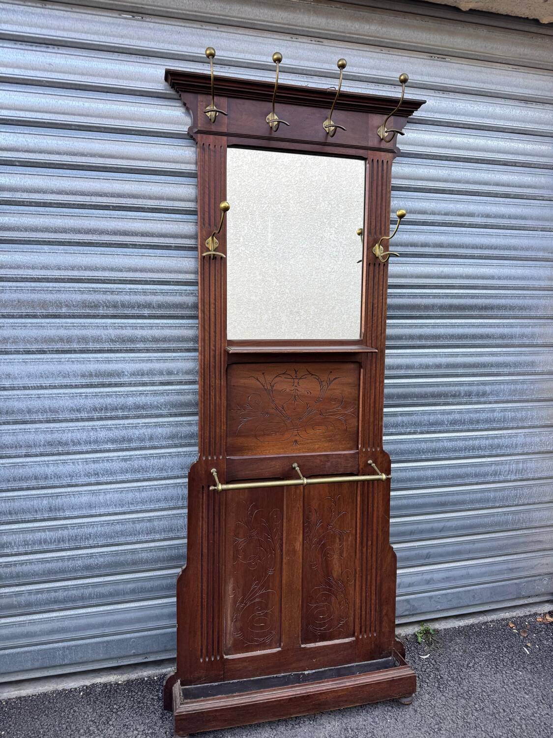Antique hall coat rack – mirror, hooks & umbrella stand