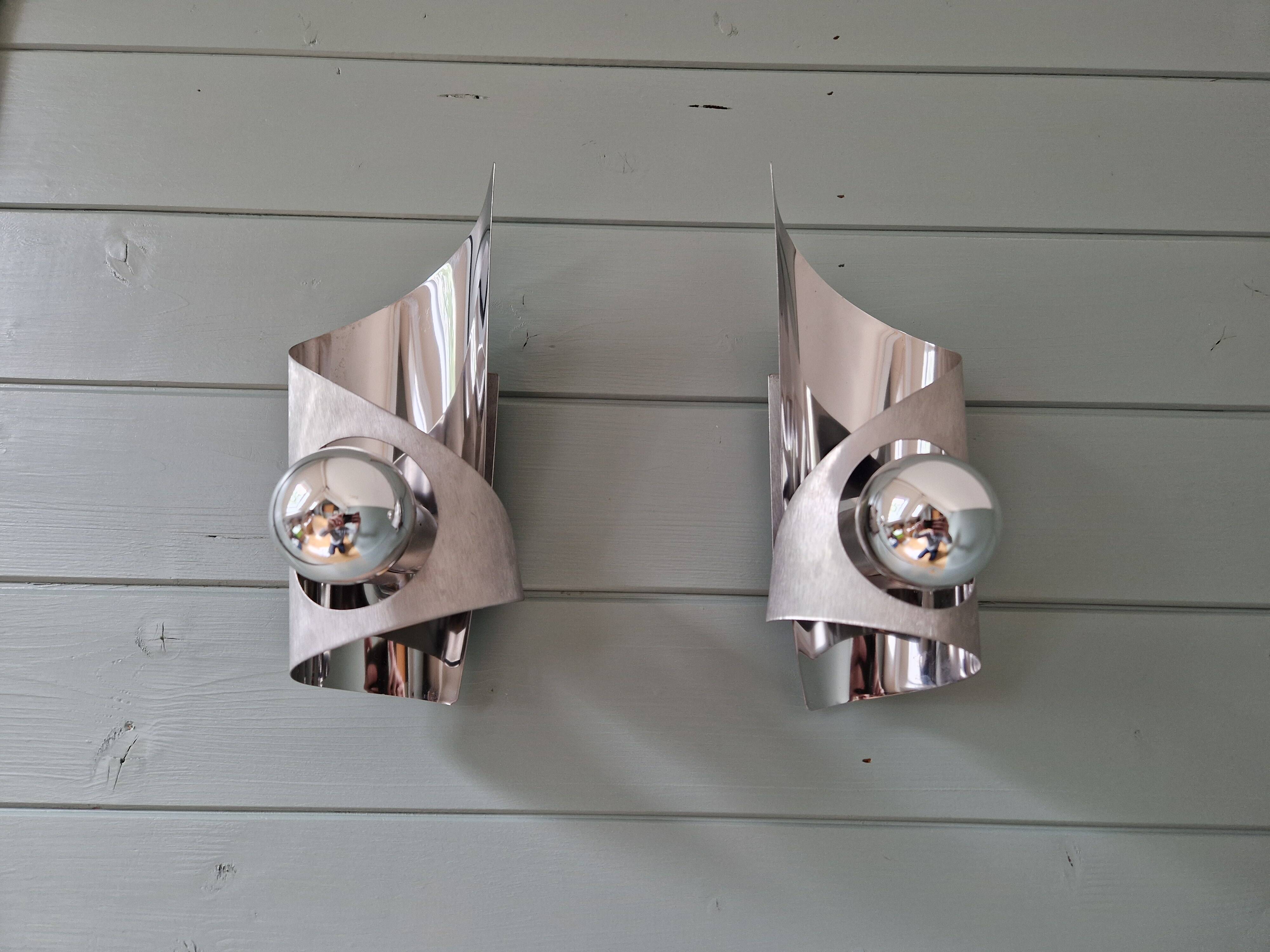 Pair of brushed aluminum wall lights, 1970s