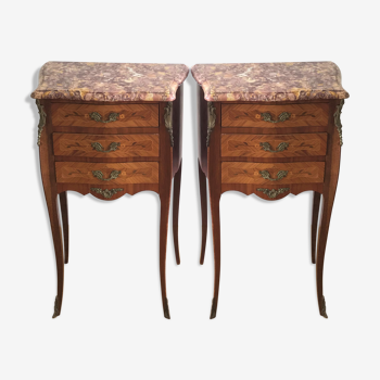 Pair of Night Tables/Chevet Style L.XV - Rosewood Marquetry - Peach Flower Marble Plateau
