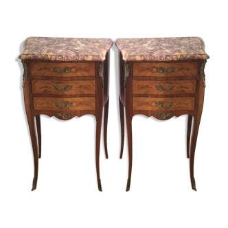 Pair of Night Tables/Chevet Style L.XV - Rosewood Marquetry - Peach Flower Marble Plateau