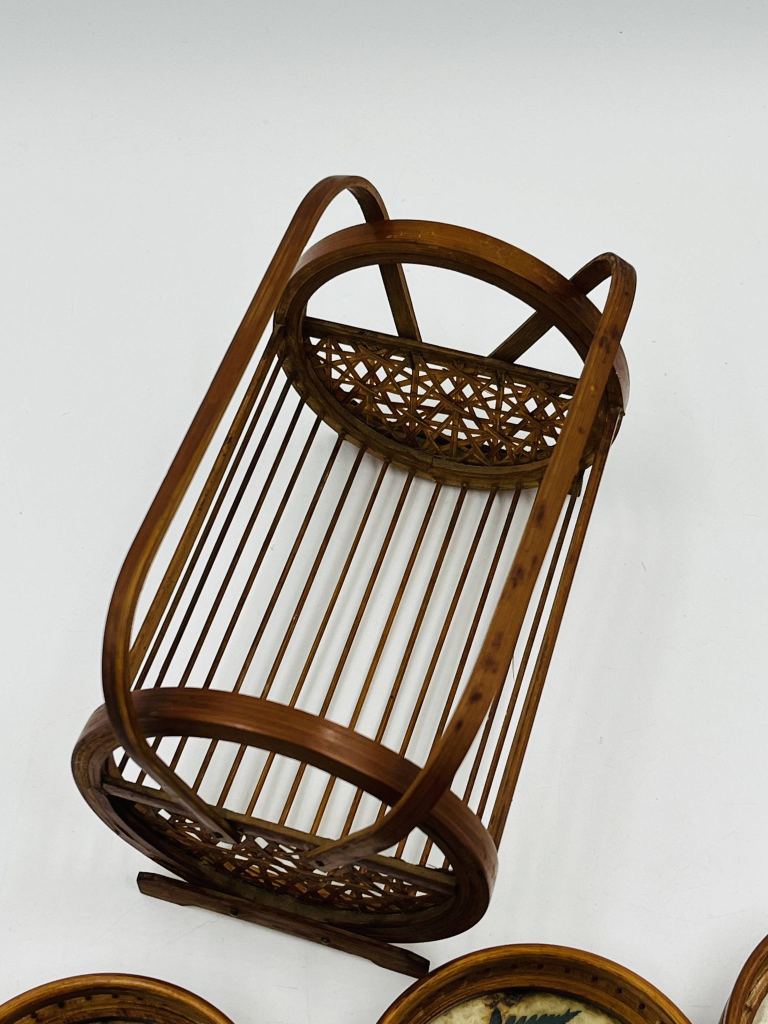 Vintage wooden coaster holder with 6 butterfly coasters.