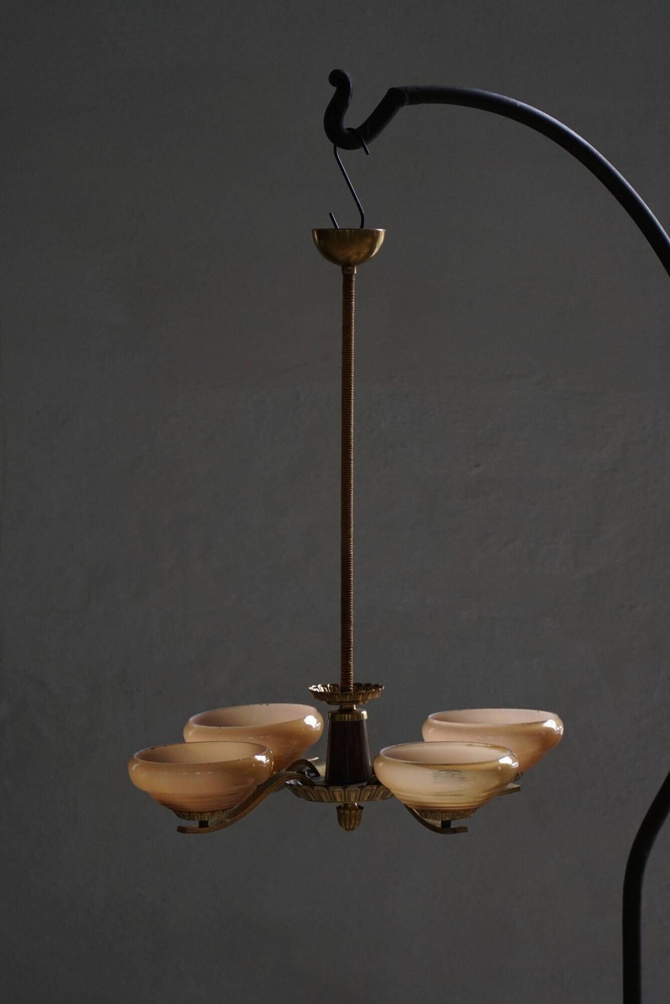 Art Deco chandelier with 4 branches in glass and brass, Sweden, 1940s