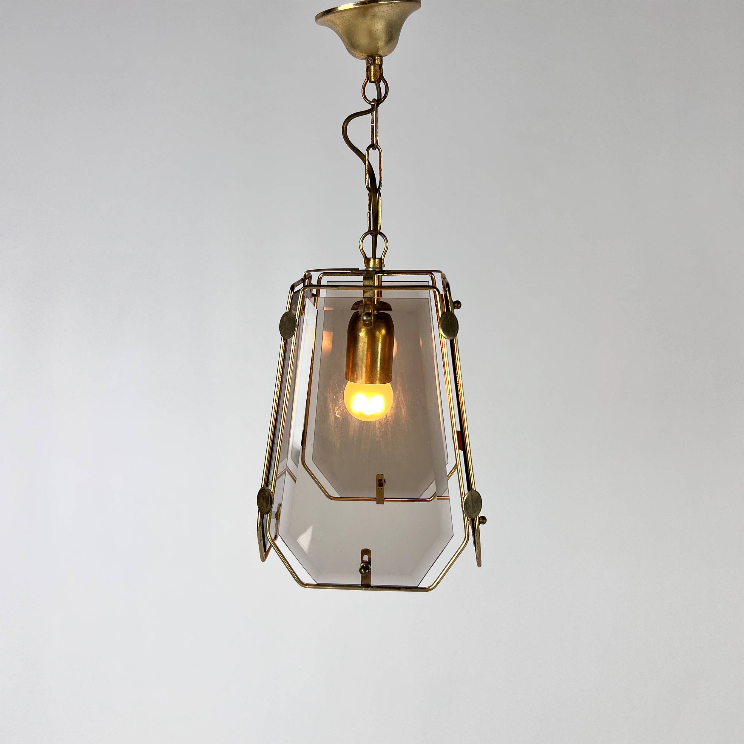 French Brass and Smoked Glass Hal Pendant, 1970s