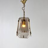 Suspension Hal en laiton français et verre fumé, années 1970
