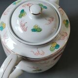 Chinese tea service/Teapot + 6 cups. In fine porcelain. Dragons/Phoenix decor. Feng Shui Rose Family Style. 70s