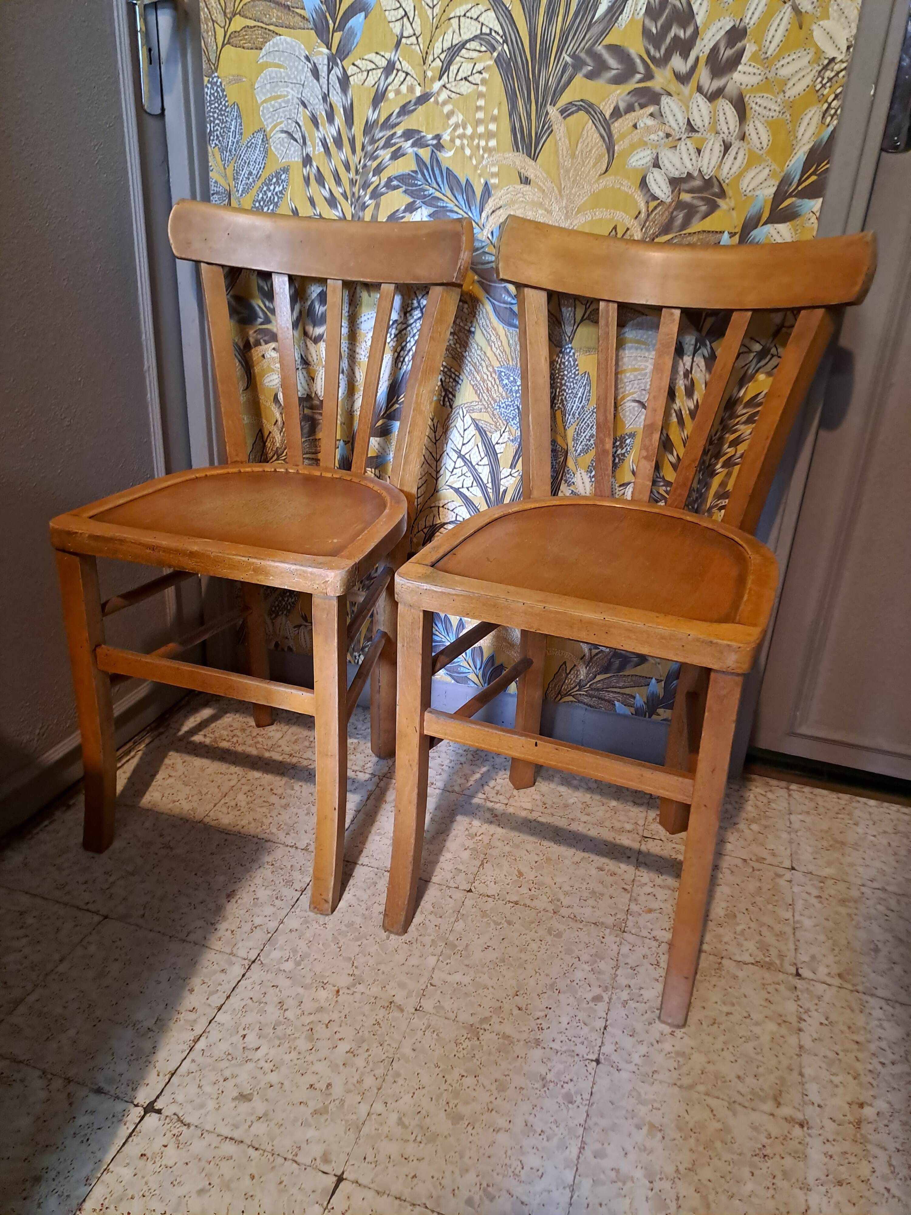 Set of 2 blond wood bistro chairs 1940