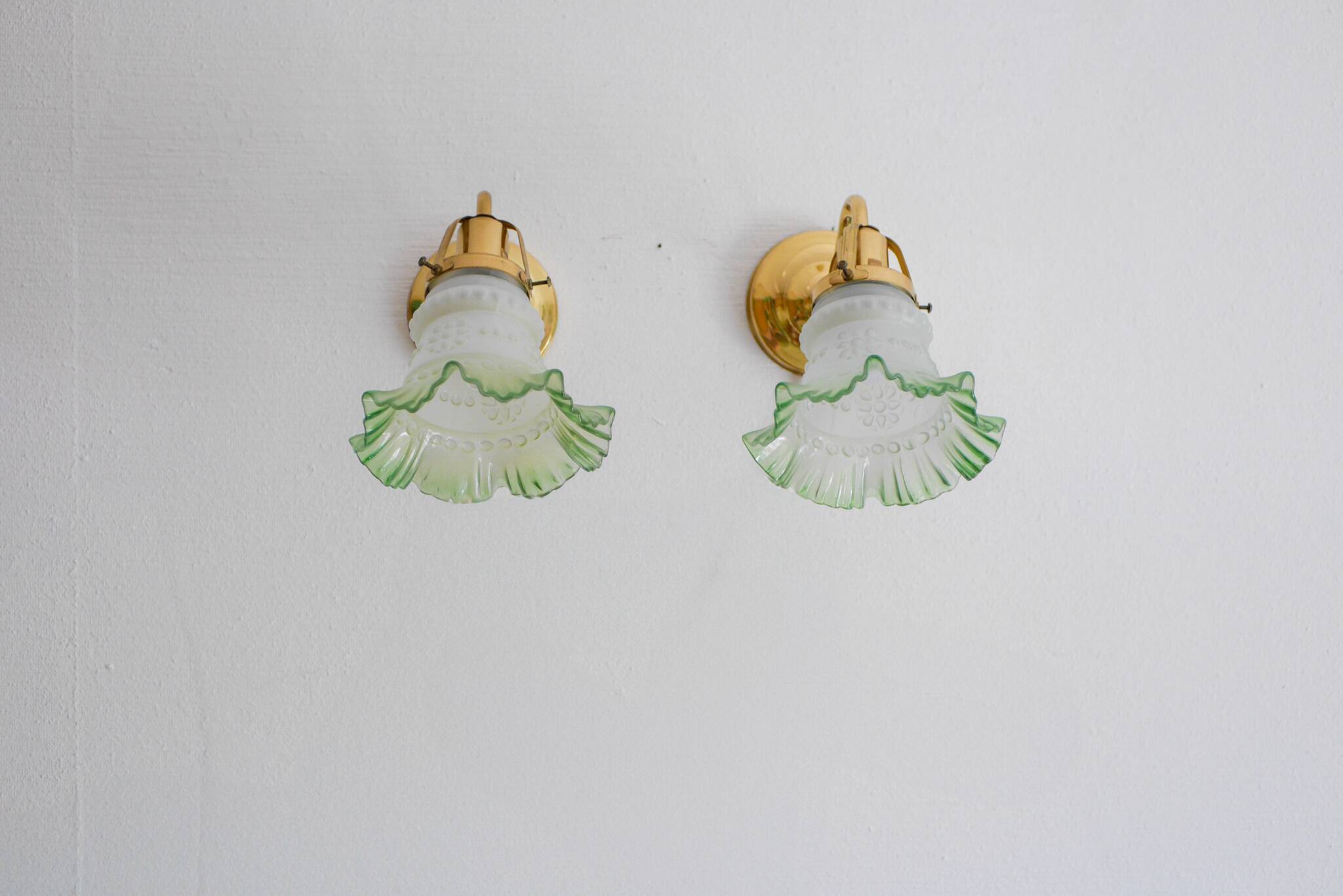 Glass sconces, Danish modern classic Scandinavian glass and brass wall lights.