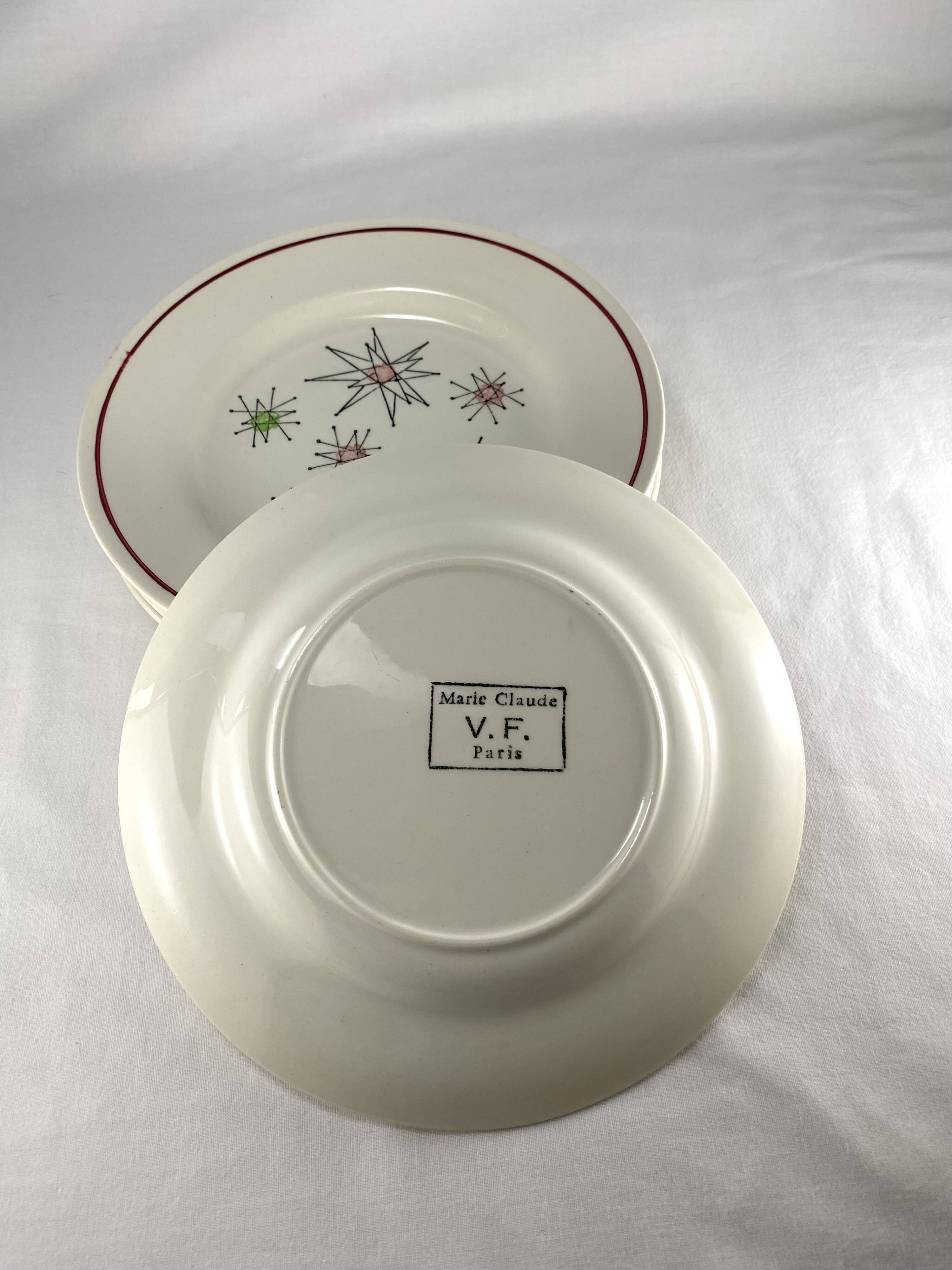 Ensemble de 5 assiettes à dessert vintage Gien des années 1950 avec motif Comètes