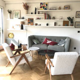 Fauteuil Kompas velours côtelé crème rénové