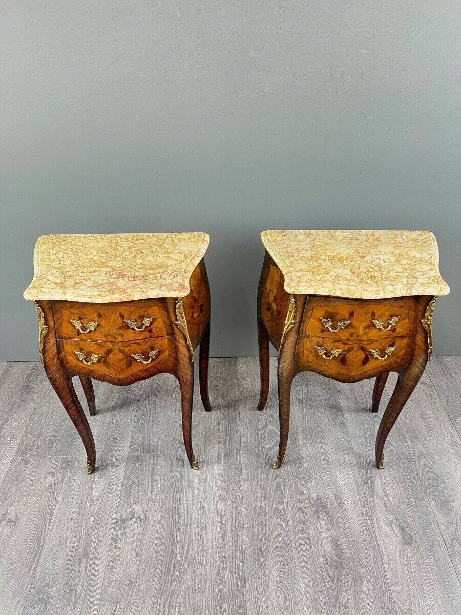Pair of louis xv style bedside tables in marquetry and marble – 19th century