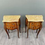 Pair of louis xv style bedside tables in marquetry and marble – 19th century