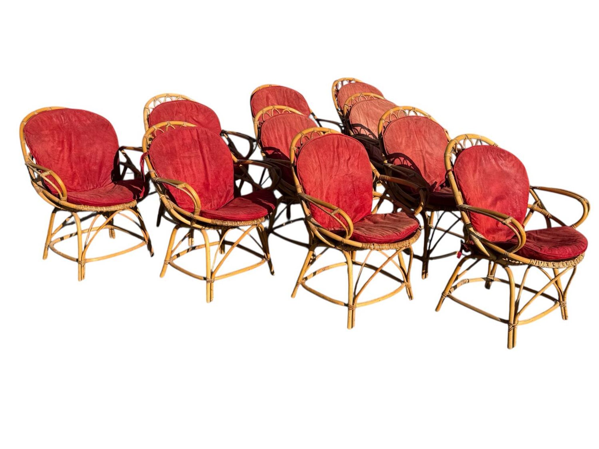 Set of 10 rattan armchairs from the 1960s, France.