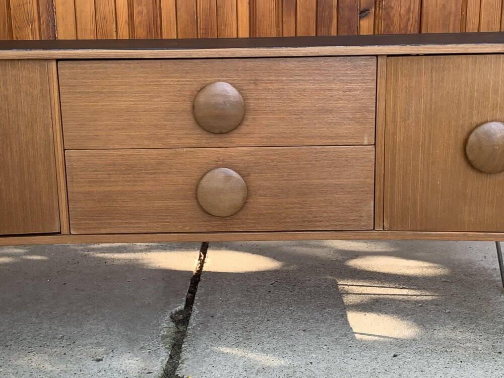 Scandinavian teak sideboard with a black top and metal hairpin legs - 1960s