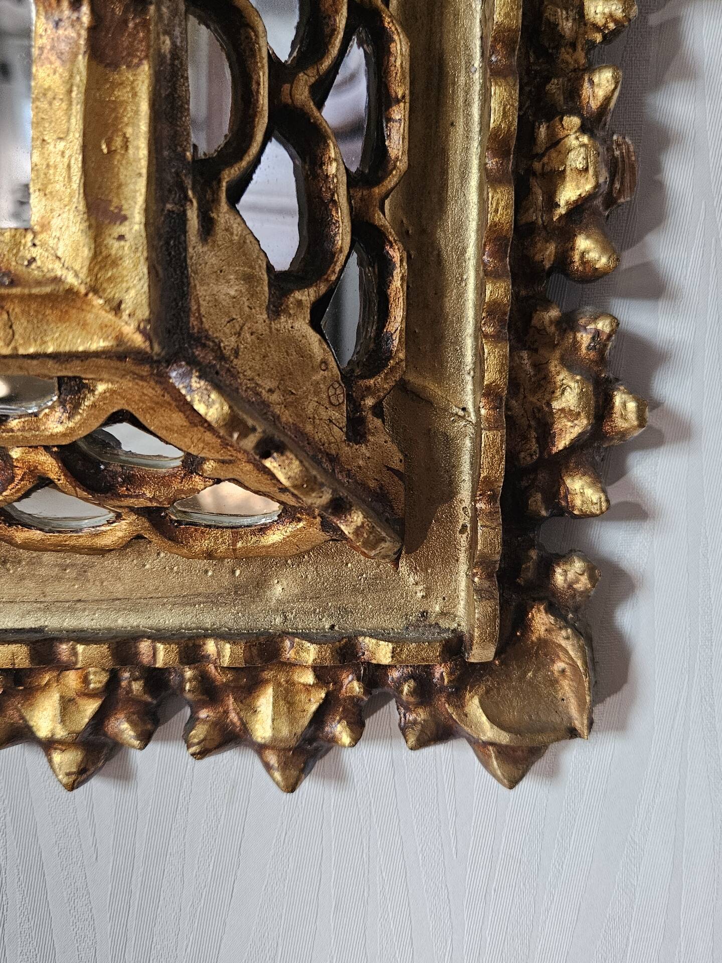 Vintage ethnic mirror, handcrafted golden wood, 1950.