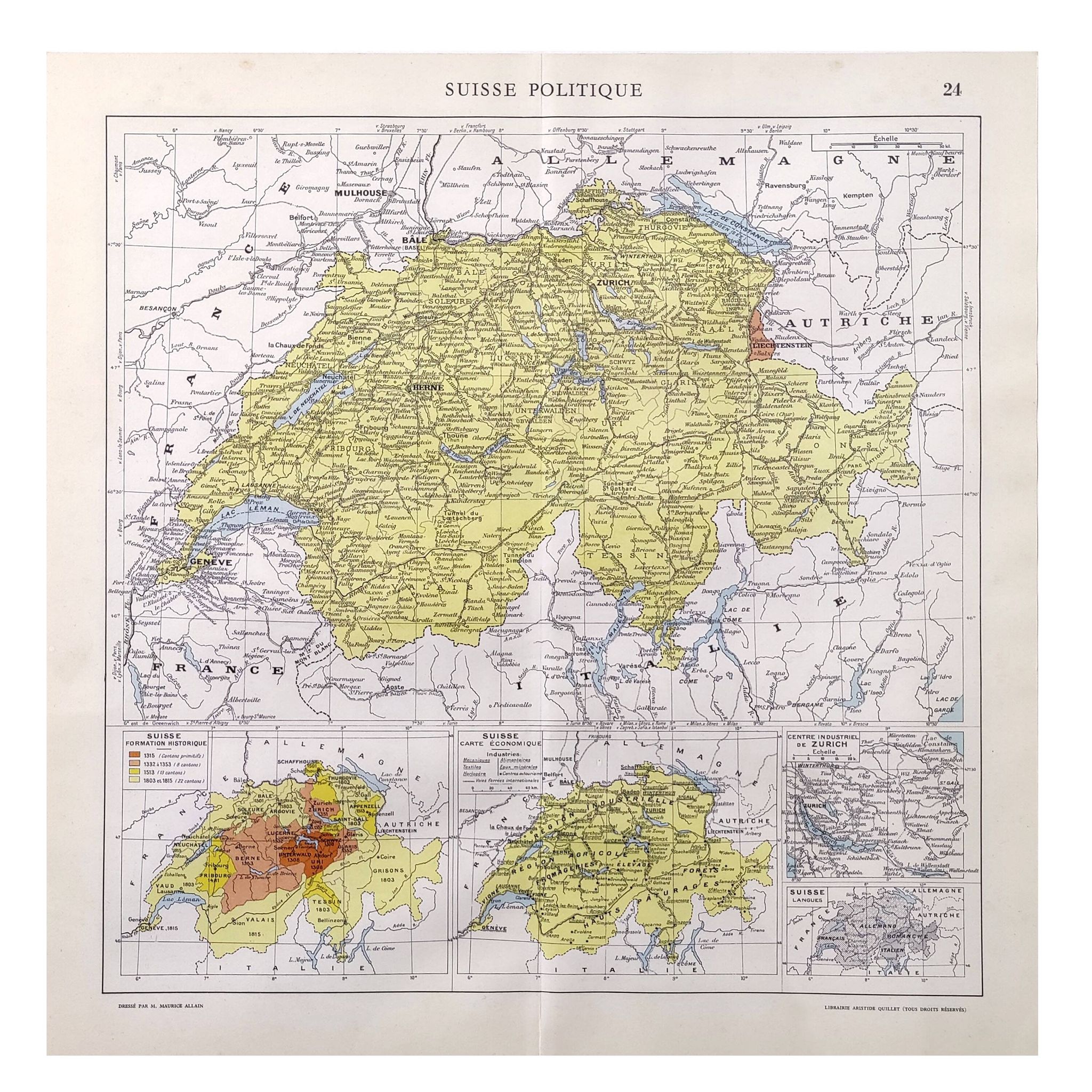 Vintage map of Switzerland in colour 43x43cm from 1950.
