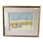 Tableau pastel, scène de plage en famille en Normandie signé Henri Reiter
