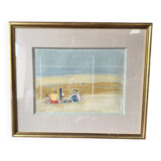Henri Reiter. Pastel painting, family beach scene. Normandy