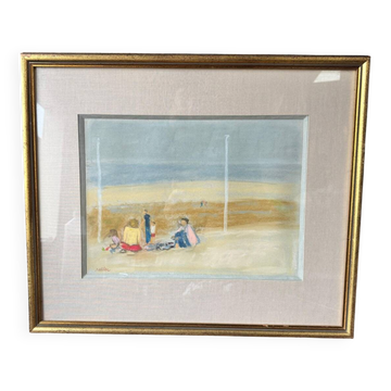 Tableau pastel, scène de plage en famille en Normandie signé Henri Reiter
