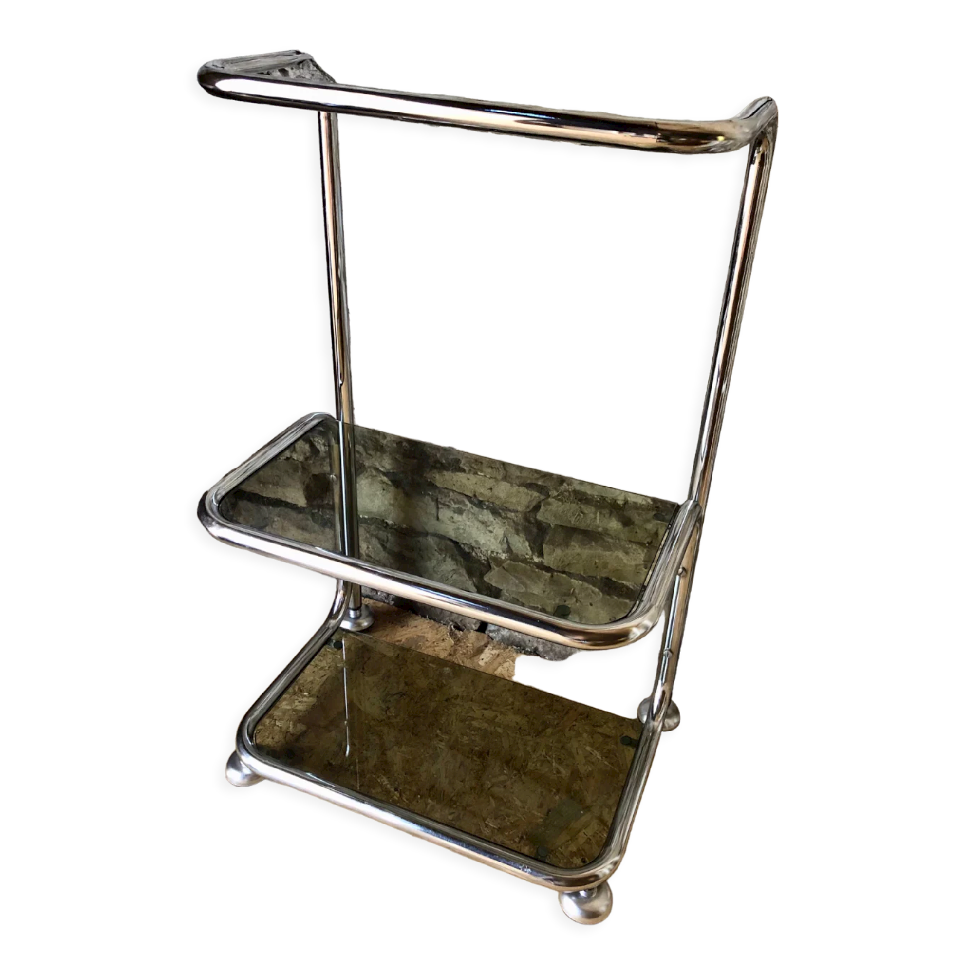 Chromed metal shelf and smoked glass