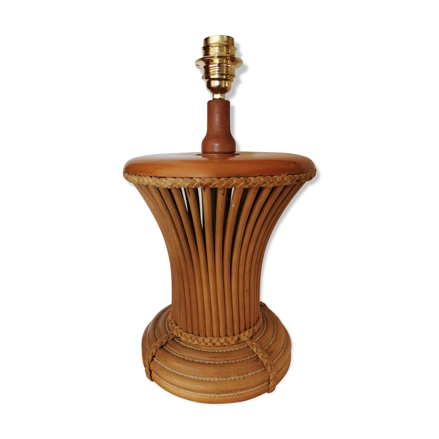 Wicker lamp, wood and leather