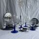Set of 3 large blue stemmed glasses and 3 small blue stemmed glasses