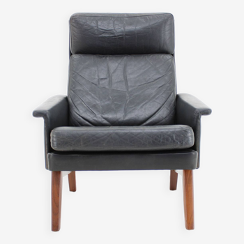 Fauteuil à dossier haut en cuir teck 1970, Danemark